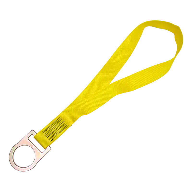 The French Creek Reusable Choker Tie-Off Adaptor from French Creek Production is a yellow safety lanyard with a metal D-ring and looped strap, designed for fall protection or as a secure tie-off anchor for tools.