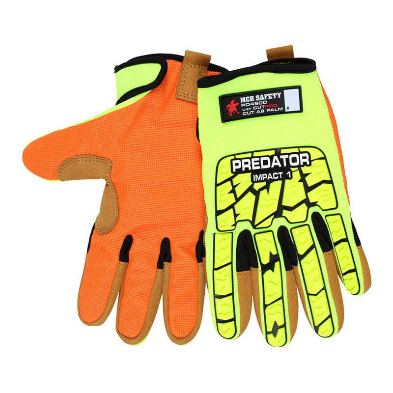 The MCR Predator Impact 1 MAXGrid Hi-Vis CutPro Gloves PD4900 by MCR Safety feature bright yellow and orange colors, black accents, plus extra padding on knuckles and palm for impact protection and visibility; front and back shown.