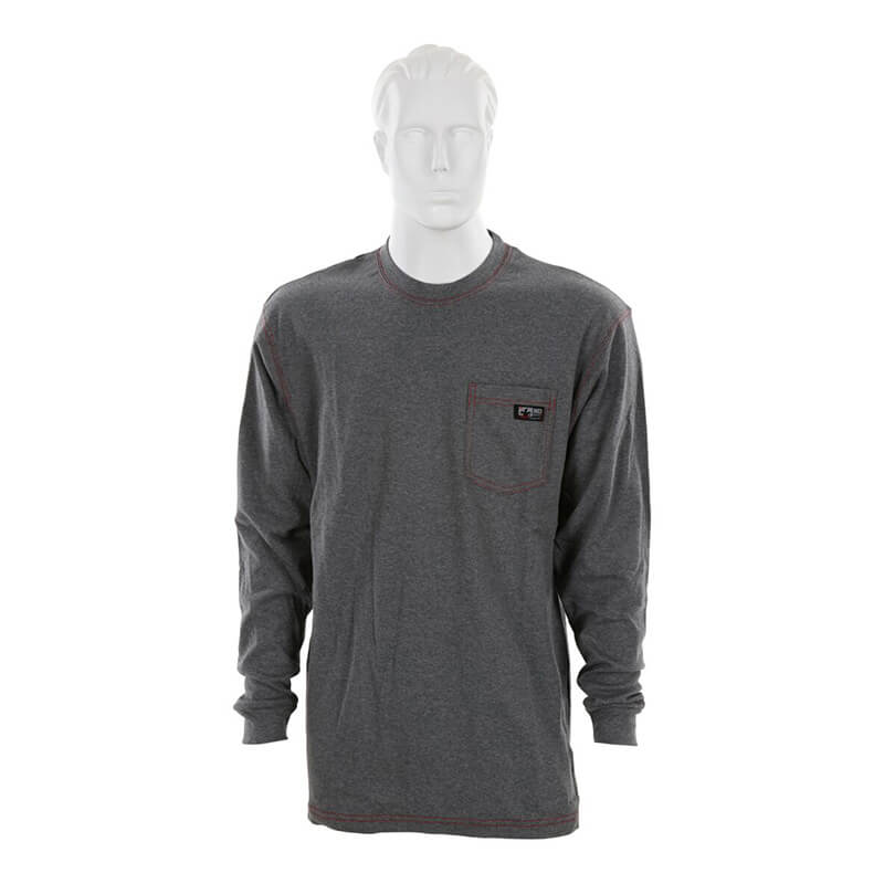 A white mannequin models the MCR Safety FR Lightweight Long Sleeve T-Shirt Gray LST1G, featuring a chest pocket, red stitching, and a logo tag. This MCR Safety shirt is flame resistant and meets NFPA 2112 standards.