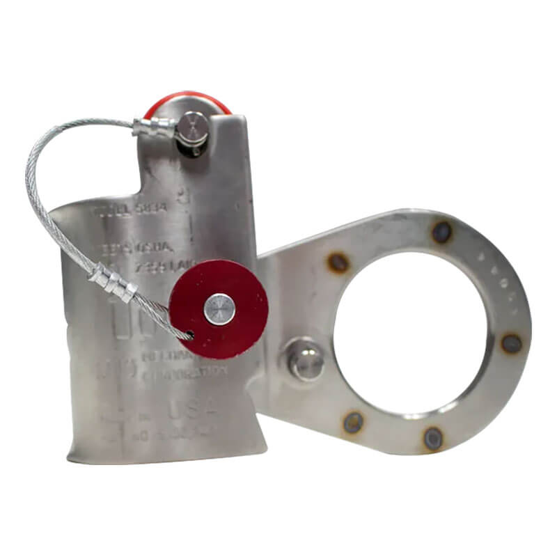 Close-up of the French Creek Stainless Steel Rope Grab 1201, a metallic industrial tool by French Creek Production, featuring engraved text, a circular opening, and a distinctive red component. A cable loop indicates its function in measurement or calibration, suggesting applications in fall protection technologies or rope grabs. "USA" along with numbers is inscribed to ensure authenticity.