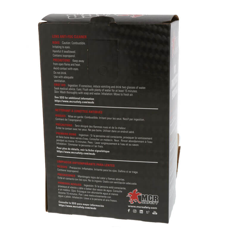 A box of MCR Safety Lens Cleaning Towelettes LCT (25 boxes) includes lens cleaning wipes, instructions in English, French, and Spanish, and features the MCR Safety red lion logo on the lower right corner.