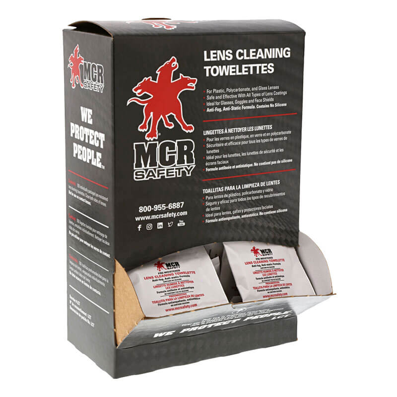 MCR Safety Lens Cleaning Towelettes LCT (25 boxes) are individually packaged wipes for cleaning plastic, polycarbonate, and glass lenses. The black box features red and white text plus a red lion logo.