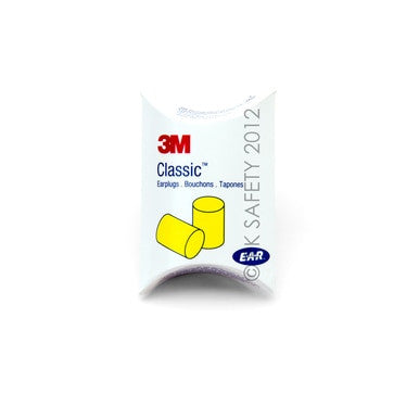 A small white box of 3M E-A-R Classic Foam Earplugs (200 pairs, 310-1001) with the 3M logo and a yellow foam earplug illustration; text in English, French, and Spanish promotes reliable hearing protection.