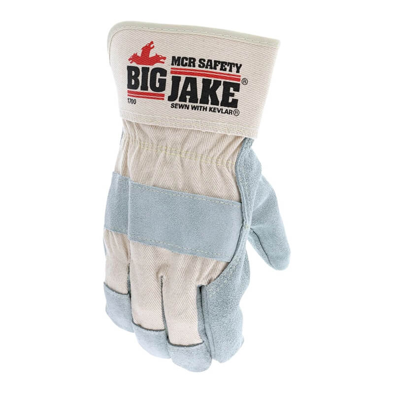 The MCR Safety Memphis Big Jake Premium Leather Palm Work Glove 1700 (12 pairs) features reinforced fingers, a leather palm, and a wide cuff—ideal for tough jobs with heavy-duty protection. Beige and blue-gray suede design.