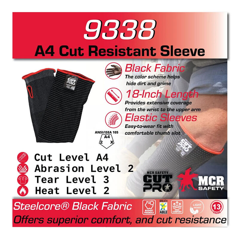 Image features the MCR Cut Pro 13 Gauge Steelcore 18" Sleeve by MCR Safety in black with red trim. The sleeve offers ANSI A4 cut resistance, abrasion level 2, tear level 3, heat level 2, and comes in packs of 10.