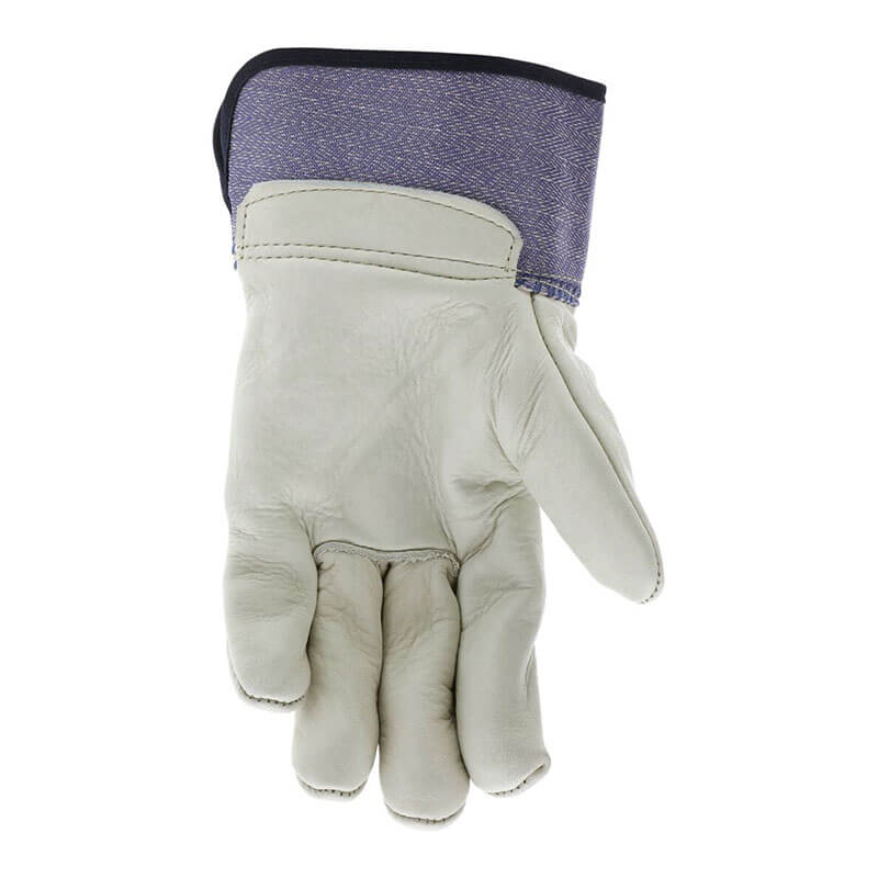 The MCR Safety Mustang Grain Leather Palm Gloves 1935 (12 pairs) feature premium cowhide leather and a blue fabric cuff, shown palm up with curled fingers, isolated on a white background.