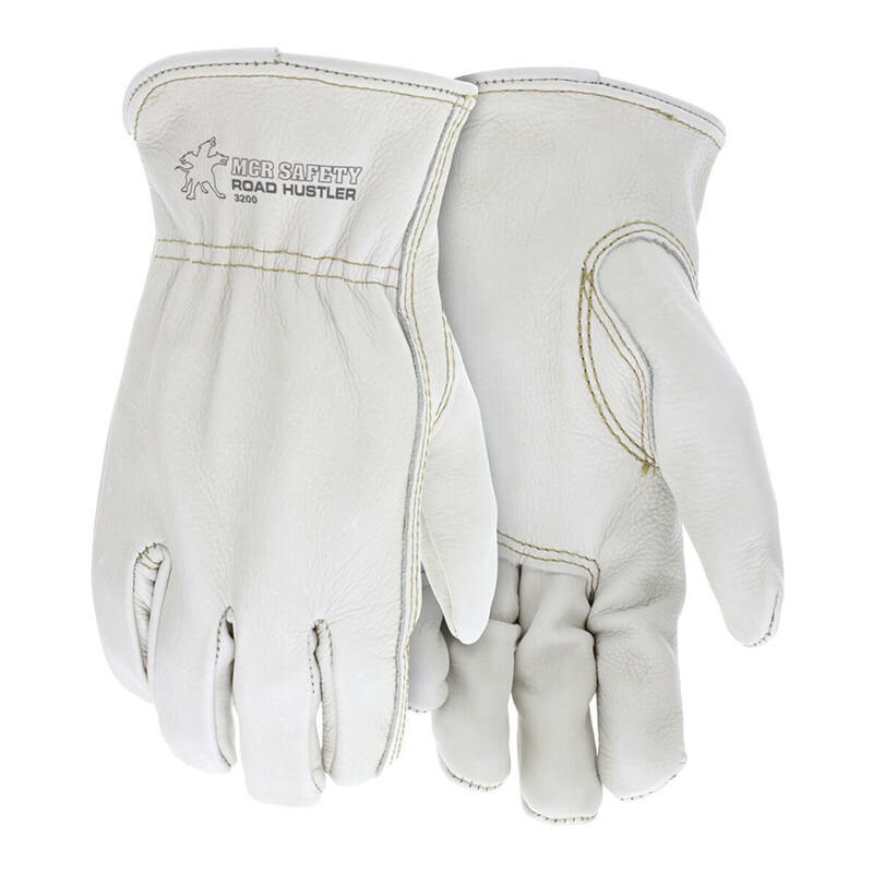 A pair of MCR Safety Memphis Grain Leather Drivers Road Hustler Gloves 3200 is displayed against a plain background. One glove is laid flat, palm up, while the other showcases the back and features a keystone thumb design, with "ROAD HUSLER" embossed on the cuff.