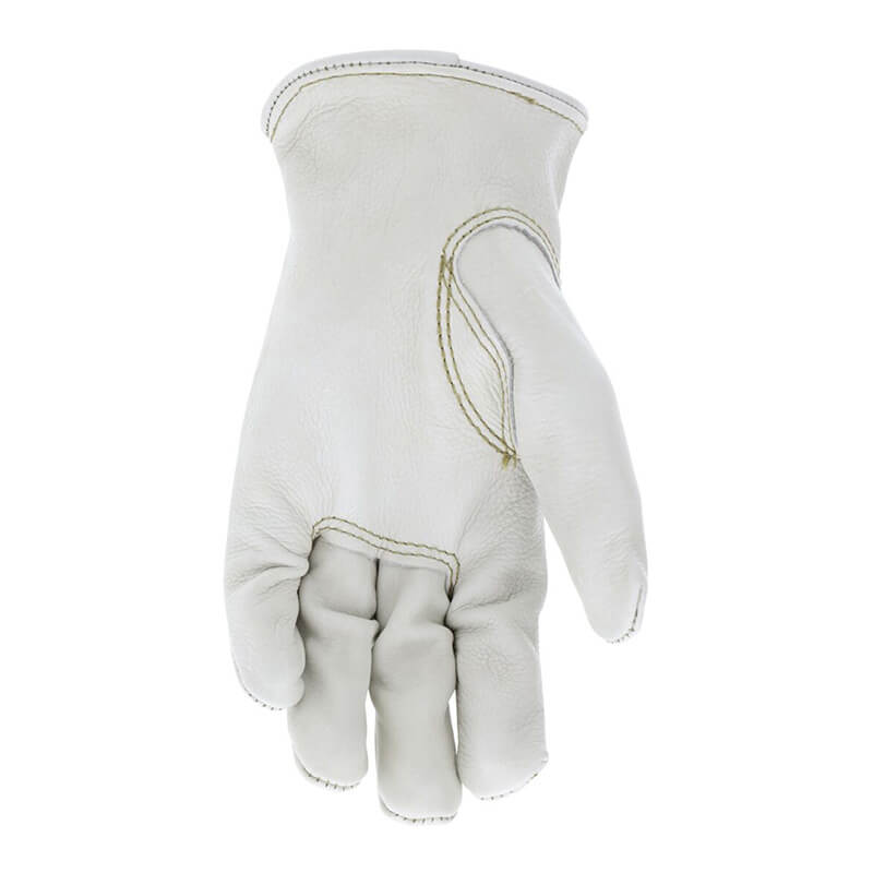 The MCR Safety Memphis Grain Leather Drivers Road Hustler Glove 3200 is shown in white grain leather with the palm up, highlighting its keystone thumb and stitching.