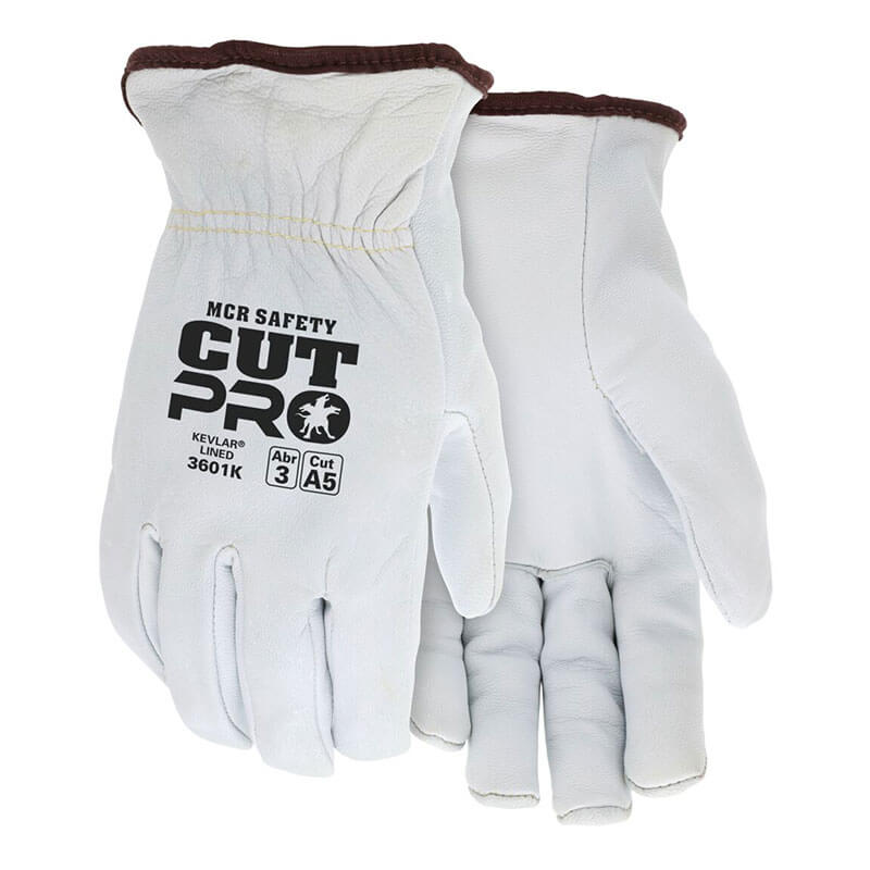 MCR Safety Premium Grain Goatskin Driver Gloves 3601K feature brown trim, Kevlar lining, and "CUT PRO" text for cut resistance (A5, Abr 3), offering superior safety at work. Sold as a pack of 12 pairs.