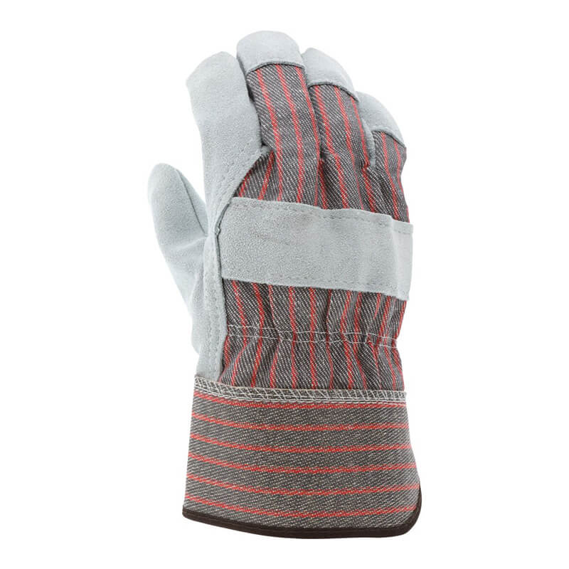 The MCR Memphis 1200S Economy Leather Palm Work Glove from MCR Safety showcases a protective design with blue-gray fabric on the fingers and palm, paired with gray and red striped fabric on the back. The glove is reinforced in key areas and stands upright in the photo. It features "PK SAFETY 2012" printed on it, offering an affordable and replaceable glove option. Sold in sets of 12 pairs.