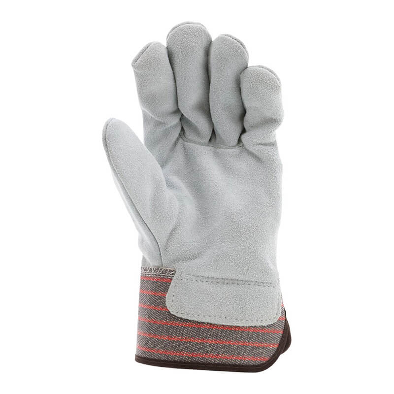 The MCR Safety Memphis 1200S Economy Leather Palm Work Glove (12 pairs) features thick gray material and a striped cuff, shown palm out with fingers bent and thumb extended—ideal for affordable work glove needs.