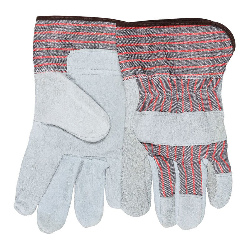 A pair of MCR Safety Memphis 1200S Economy Leather Palm Work Gloves, featuring grey suede leather and striped red and black fabric, laid flat facing up. Sold as a pack of 12 pairs.