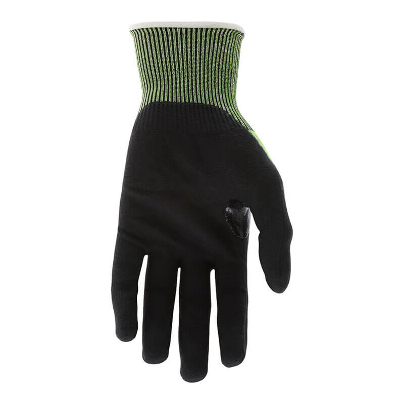 The MCR Safety CutPro HyperMax MicroFoam Nitrile Gloves 92785NF feature a black, cut-resistant design with a green and white striped cuff, shown palm out and fingers down—crafted for reliable durability in tough tasks. Sold as 12 pairs.