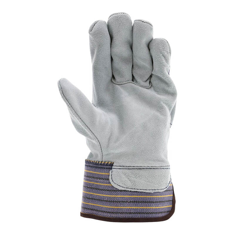 The MCR Safety Memphis 1400 Leather Palm Work Glove features select shoulder cowhide leather, a striped blue, grey, and yellow cuff, and is shown palm-forward—demonstrating MCR Safety’s quality craftsmanship. Pack contains 12 pairs.