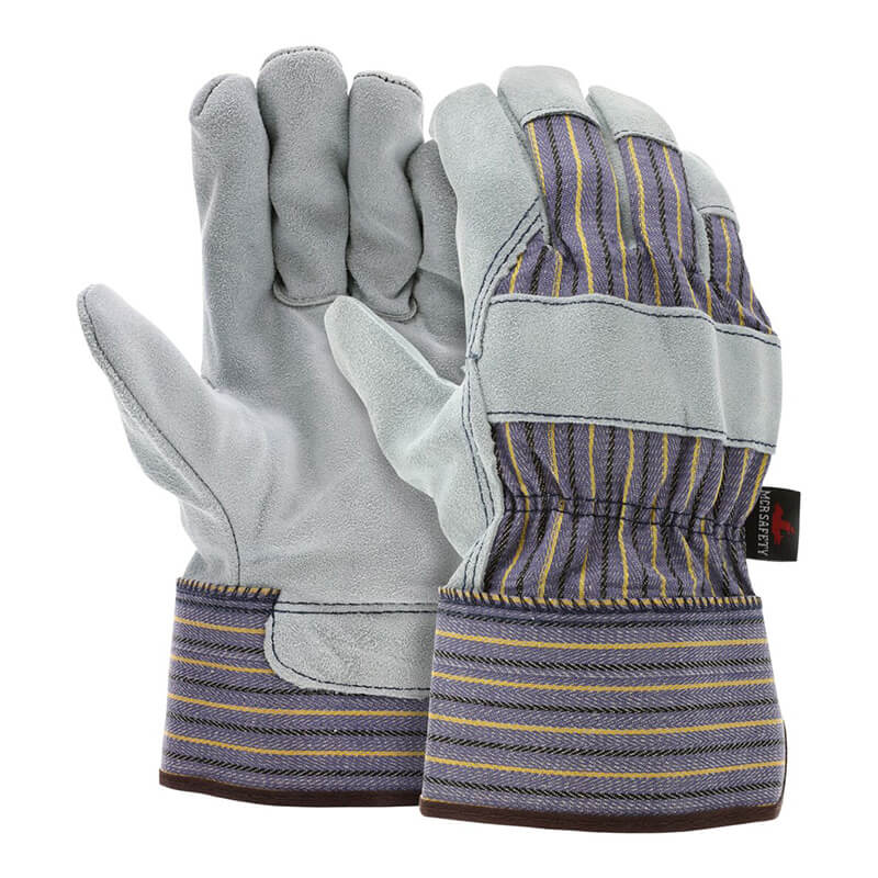 A pair of MCR Safety Memphis 1400 Leather Palm Work Gloves, crafted with gray cowhide leather palms and striped fabric on the back. These Gunn Cut style gloves feature safety cuffs and reinforced stitching, ideal for heavy-duty tasks.