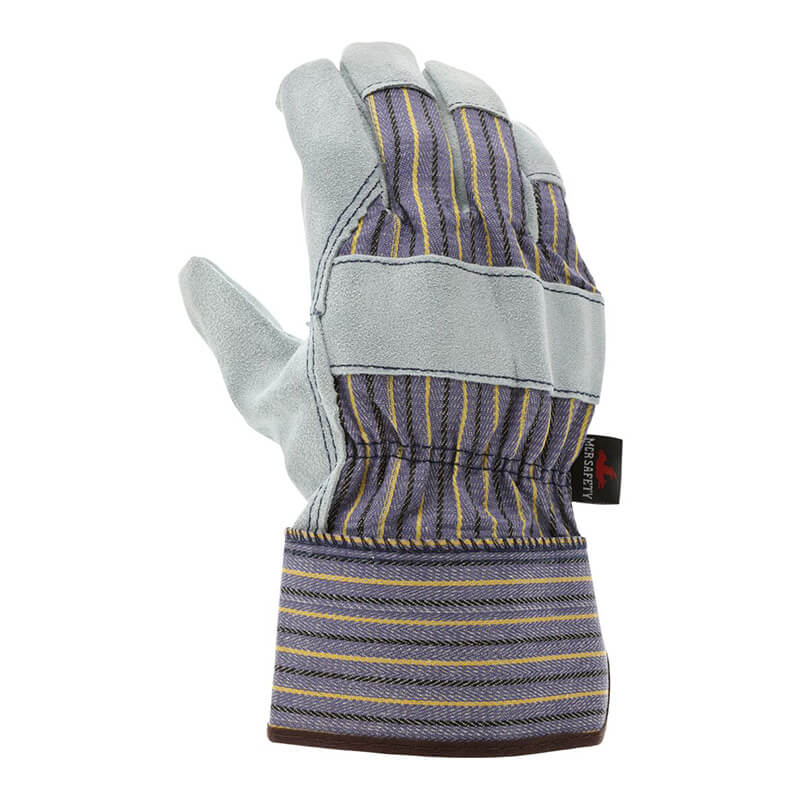 The MCR Safety Memphis 1400 Leather Palm Work Glove (12 pairs) features grey and blue Select Shoulder cowhide leather palms and striped fabric backs with cuffs, shown palm-side away and fingers curved.