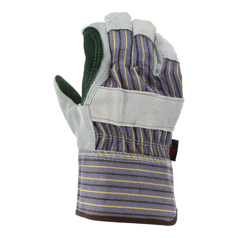 The MCR Safety Memphis 1411A Double Leather Palm Work Glove features a gray suede palm, purple and yellow striped back, thick reinforced cuff, and comes in a pack of 12 pairs. The glove is upright with slightly bent fingers.