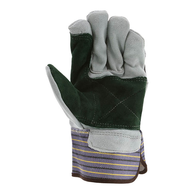 The MCR Safety Memphis 1411A Double Leather Palm Work Glove (12 pairs) features gray and dark green cowhide leather, reinforced stitching, and a striped fabric cuff, with the palm facing forward and fingers slightly curled.