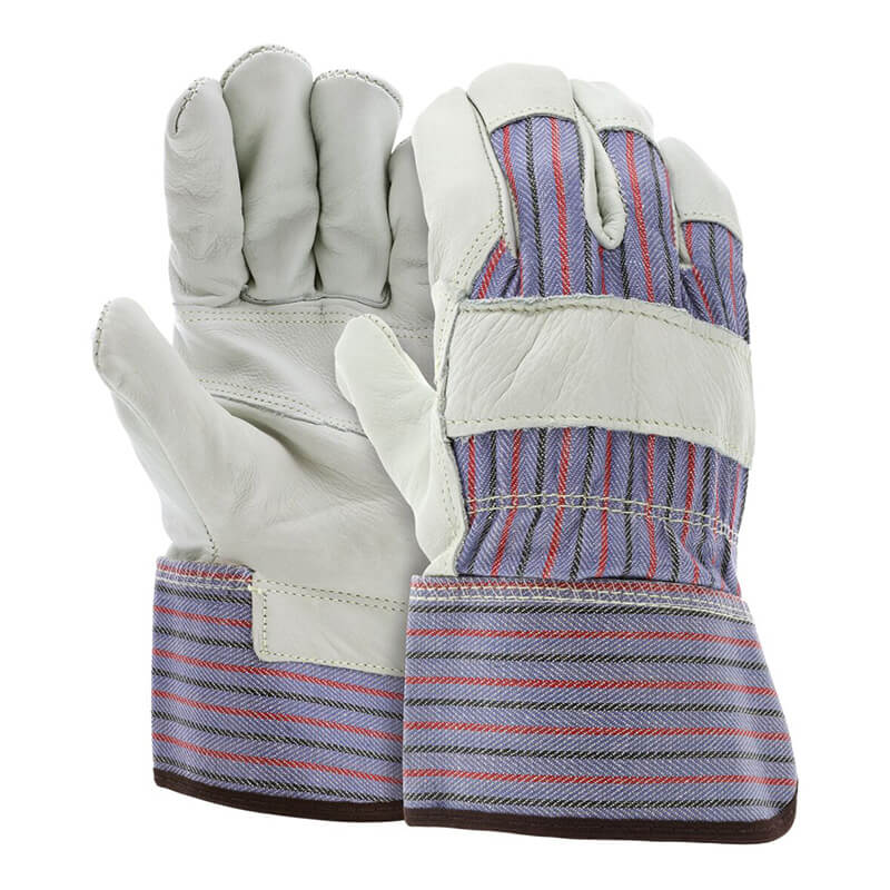 MCR Safety Economy Patch Leather Palm Gloves 1931L (12 pairs) feature white cowhide leather palms/fingers, striped fabric backs, and blue/red/gray safety cuffs. Shown with one glove facing up and one facing down. Brand: MCR Safety.