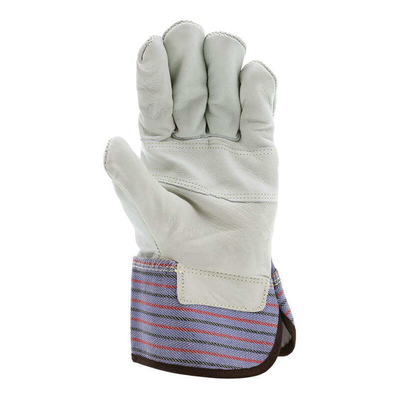 MCR Safety Economy Patch Leather Palm Gloves 1931L (12 pairs) by MCR Safety feature abrasion-resistant white cowhide leather, a wide striped safety cuff, and a palm-forward design with slightly bent fingers.