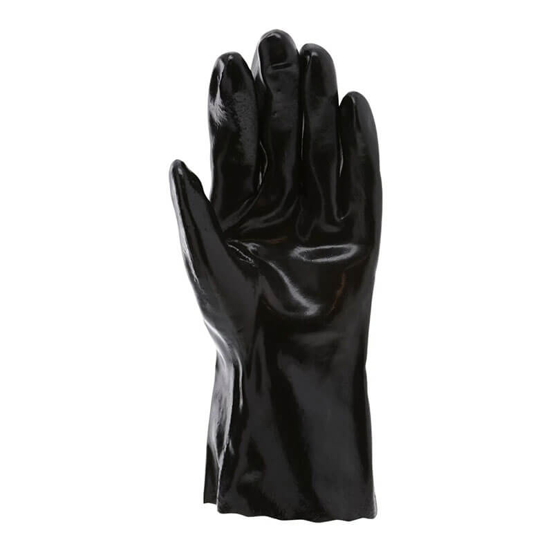 The MCR Safety Memphis Single Dipped Smooth Finish Glove 6212 (12 pairs) is shown upright, with extended fingers and palm forward, highlighting its shiny black PVC coating and reliable chemical resistance.