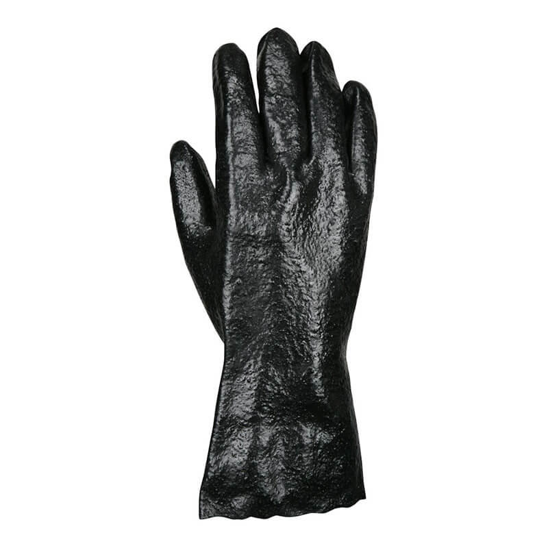 The MCR Safety Memphis 6212R Single Dipped PVC Glove is pictured upright with fingers extended and palm outward, demonstrating its reliable chemical protection.