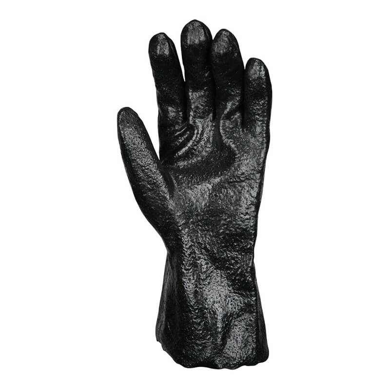 The MCR Safety Memphis 6212R Single Dipped PVC Glove stands upright with slightly bent fingers against a white background, featuring a textured, shiny surface that highlights its chemical protection and use as a safety glove.