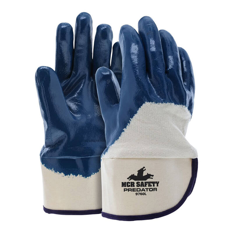 A pair of MCR Memphis Predator Nitrile Gloves 9760, showcasing the brand name "MCR Safety" on the wrist, features excellent abrasion resistance with a blue design complemented by a white fabric cuff.