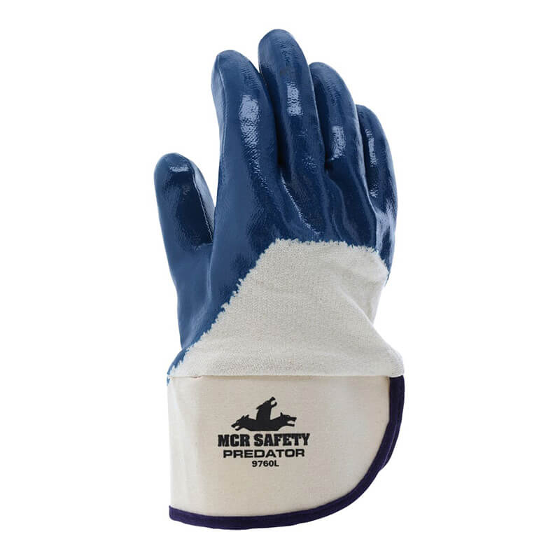 The MCR Safety Memphis Predator Nitrile Glove 9760 features a blue nitrile coating, white fabric cuff, and logo with a black animal silhouette, providing durable hand protection for tough tasks. Sold in packs of 12 pairs.