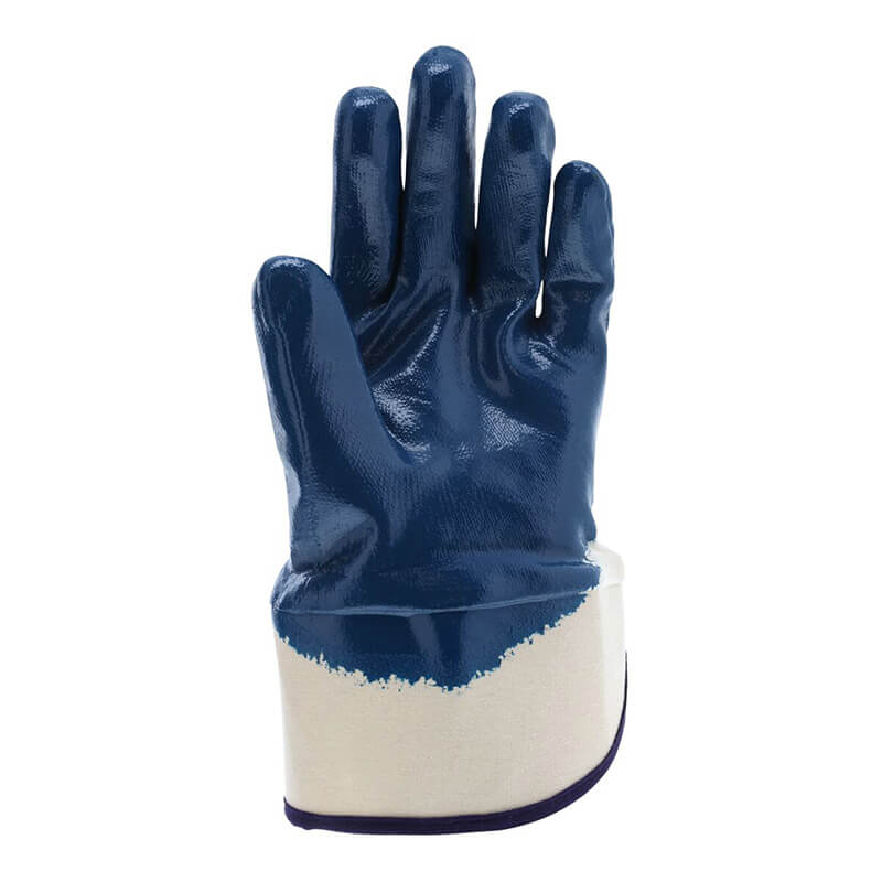 The MCR Safety Memphis Predator Nitrile Glove 9760 is displayed upright with its rubber-coated blue palm and white cuff facing forward against a white background. The glove is shiny and cut-resistant. Pack contains 12 pairs.