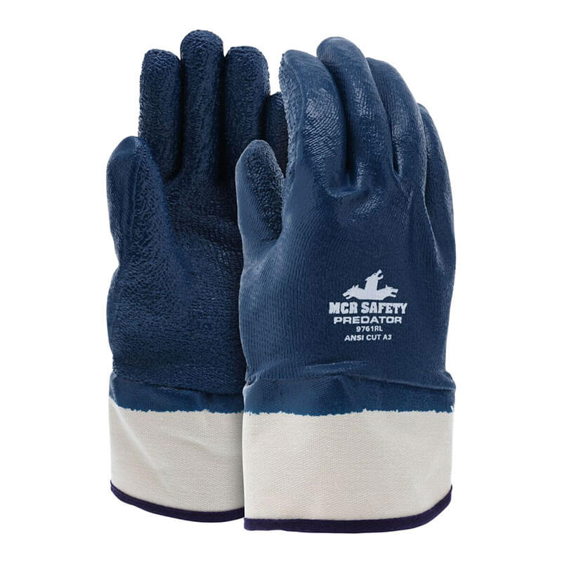 A pair of MCR Safety Predator Rough 9761R dark blue fully coated nitrile gloves with white cuffs, featuring the logo and "ANSI CUT A3" on the back, is displayed upright on a plain background.
