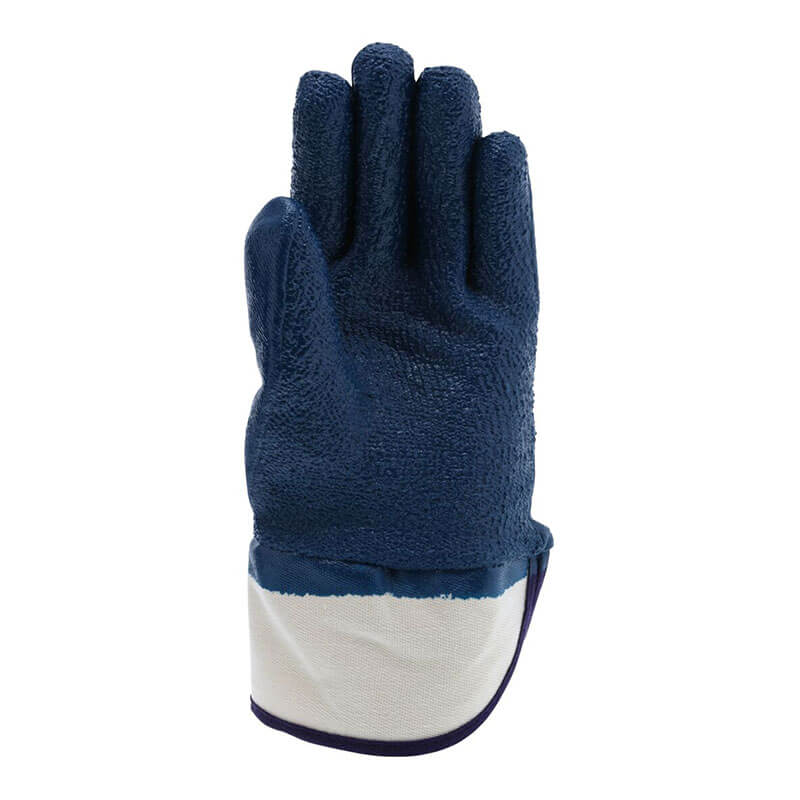 The MCR Safety Memphis Predator Rough Fully Coated Nitrile Cuff Glove 9761R features a durable blue textured finish with a white cuff, providing reliable hand protection for various tasks. Sold in packs of 12 pairs.