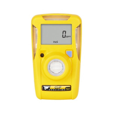 The BW Clip Real Time 2 Year H2S Detector 10-15 ppm BWC2R-H by BW Technologies, a yellow handheld device with a central round sensor and operational buttons, shows "0 ppm" for H2S on its display, indicating zero parts per million.