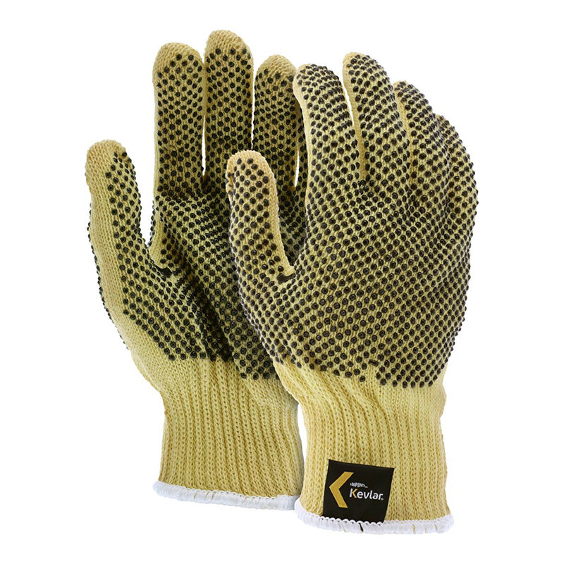 A pair of MCR Safety Kevlar 2-Sided Dotted Gloves 9366 (yellow, cut resistant, black grip dots on palms and fingers) from MCR Safety is shown—one glove upright, the other beside it.