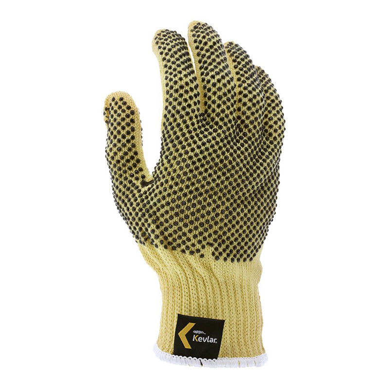 The MCR Safety Kevlar 2-Sided Dotted Glove 9366 features yellow Kevlar, black rubber grip dots on palm and fingers, white-edged cuff, black Kevlar label, and a cut-resistant design. Sold as 12 pairs by MCR Safety.