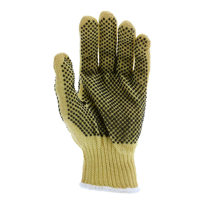 The MCR Safety Kevlar 2-Sided Dotted Glove 9366 (12 pairs) by MCR Safety features yellow knit material and black grip dots on both sides—ideal cut-resistant gloves for various work environments. Palm shown up against a white background.