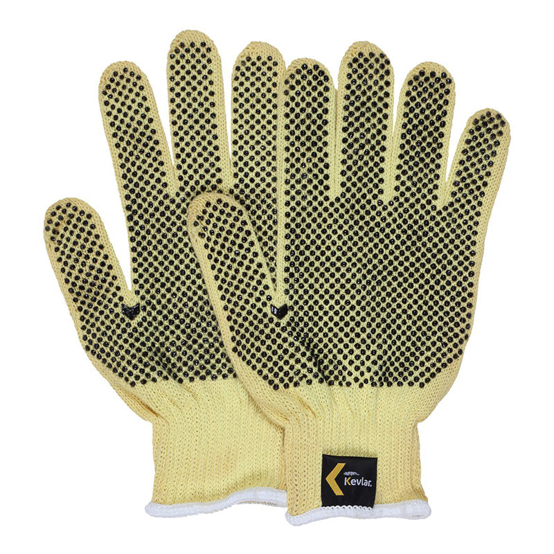 The MCR Safety Kevlar 2-Sided Dotted Glove 9366 features yellow knit Kevlar with black grip dots on palms and fingers, cut resistance, and a small black and yellow Kevlar label at the wrist. Sold as a dozen pairs by MCR Safety.