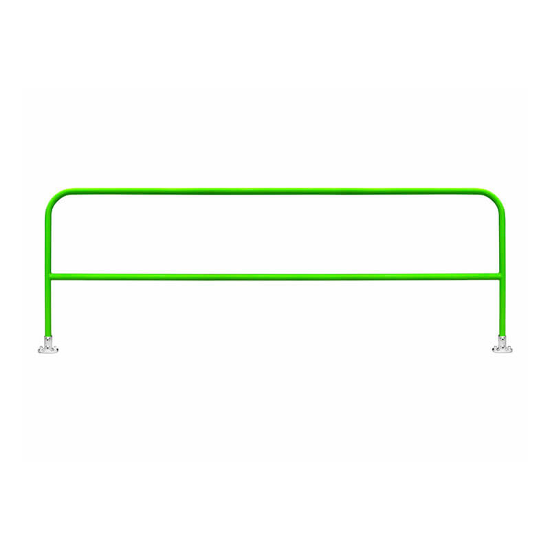 The green Frontline Fixed Guardrail System for Concrete/Steel Substrates by Frontline Fall Protection features rounded corners and flat base plates at both ends, providing perimeter edge protection. Shown on a white background.