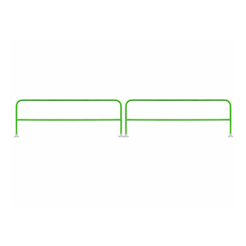 Two green Frontline Fixed Guardrail Systems for Concrete/Steel Substrates by Frontline Fall Protection are installed side by side with two mounting bases each, providing reliable perimeter edge protection.