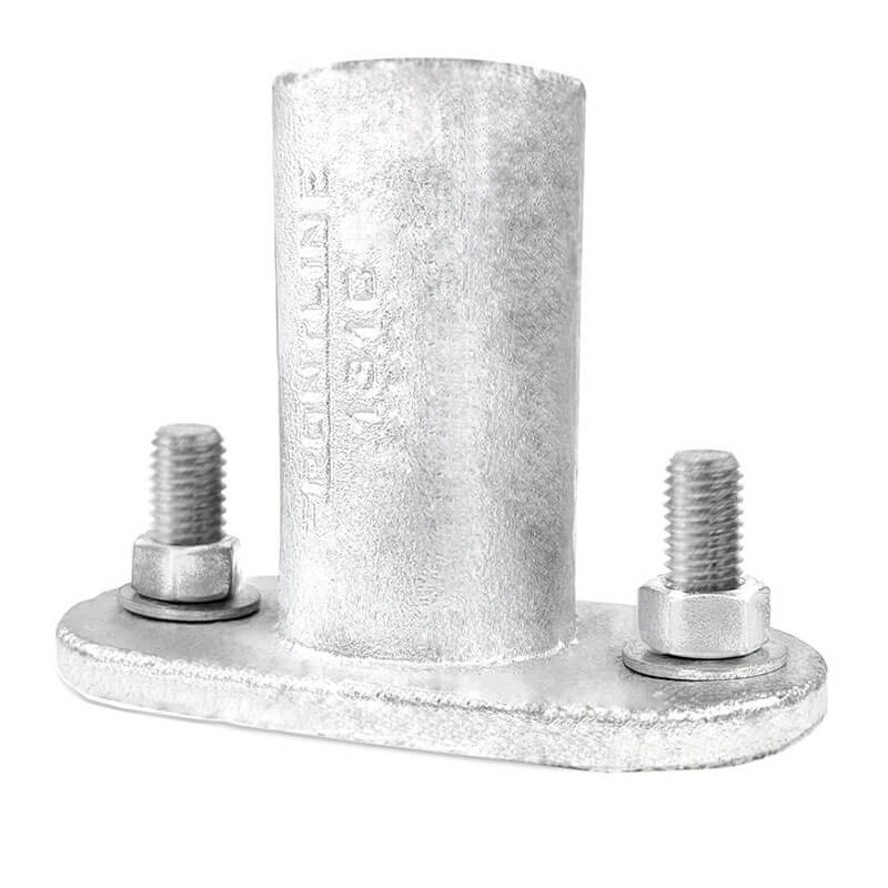 The Frontline Fixed Guardrail System for Concrete/Steel Substrates by Frontline Fall Protection features a galvanized metal pipe fitting with a vertical tube and oval base, secured by bolts—ideal for perimeter edge protection.