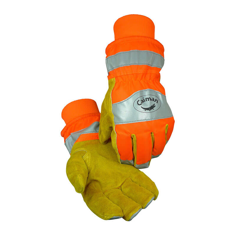 The PIP Caiman Prem Split Cowhide Hi-Vis Glove by PIP - Protective Industrial Products is a pair of bright orange and yellow work gloves featuring reflective silver stripes and ribbed cuffs. Made from cowhide leather, these gloves ensure warmth with HEATRAC insulation, and one glove includes a logo with a stylized animal for extra flair.