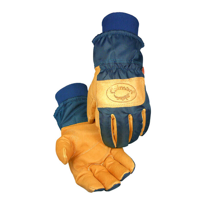 The PIP Caiman Pigskin Leather Palm Glove features blue fabric tops and tan pigskin leather palms. Equipped with HEATRAC Insulation, these gloves offer both warmth and durability. The elastic cuffs provide a snug fit, while the brand name "PIP - Protective Industrial Products" is embossed on the leather, perfectly showcasing both palms and backs for a comprehensive view.