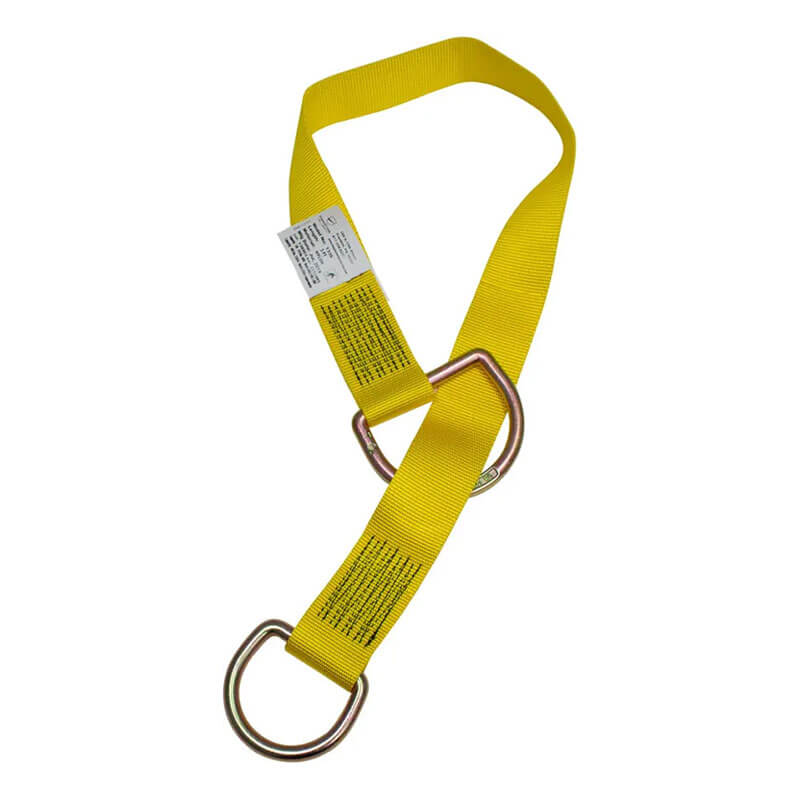 The French Creek 1300 Web Tie-Off Adaptor by French Creek Production is a yellow polyester strap with two large metal D-rings and an info label, serving as a reusable steel anchorage connector for fall protection or rigging.