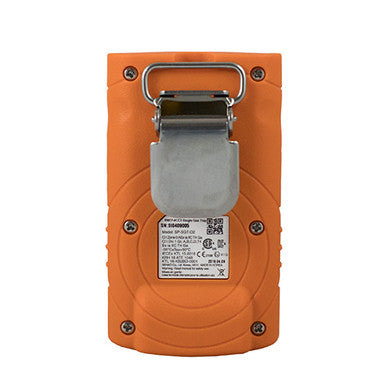 The AimSafety O2 Single Gas Monitor PM100-O2, a robust orange device with a silver metal clip, includes a label on the back displaying text, symbols, QR codes, and certification marks. It comes with model and serial numbers and is designed to show real-time oxygen gas concentrations. Its durable construction features visible screws.