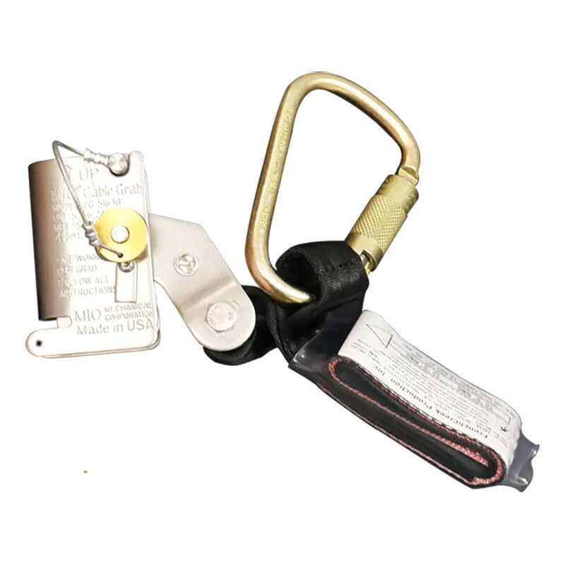 Introducing the French Creek Stainless Steel Cable Grab 1401A-38 by French Creek Production: a metallic safety device featuring a gold-colored carabiner and black fabric handle, equipped with a stainless steel cable grab for secure climbing or safety harness applications. Perfectly designed for integration into a wire rope lifeline as part of a reliable fall arrest system.