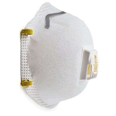 The 3M 8511 N95 General Use Respirator w/ Exhalation Valve by 3M offers effective protection against dust and particulates, featuring a white mask with yellow straps, a metal nose clip, and a front exhalation valve. Box of 10.