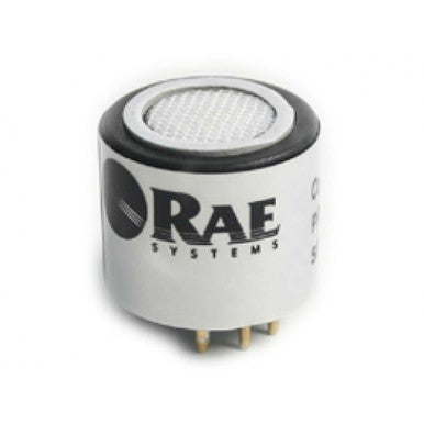 The RAE Systems QRAE II Replacement O2 Sensor 022-0300-000 from PK Safety Supply showcases a cylindrical design with a white body and mesh top, prominently featuring the RAE logo. It includes several metal prongs at the base for a secure connection.