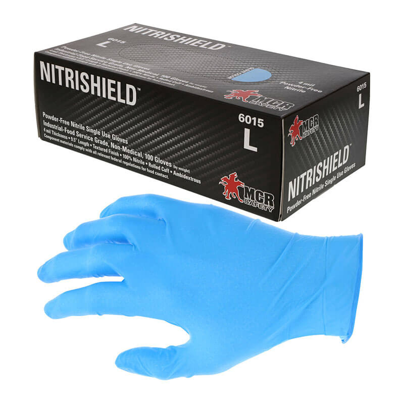A blue MCR Safety Memphis Nitrishield 6015 nitrile glove is shown before a black box labeled "NITRISHIELD," containing large, powder-free, disposable gloves (sold in 10-box packs) designed for chemical resistance and single use.