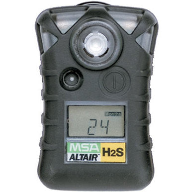The MSA Safety ALTAIR H2S Gas Detector is black with a digital display showing “24,” a top circular sensor, and labeled buttons below for reliable hydrogen sulfide detection.