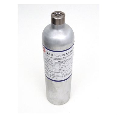 The PK Safety Supply RKI Calibration 4 Gas Mixture 81-0154RK-04, a silver, cylindrical gas cylinder crucial for safety equipment, stands upright against a white background. It displays a label with text and includes a metallic cap on top with a small nozzle, commonly used in calibration gas procedures.